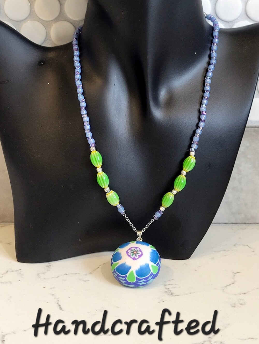 Hand Crafted Kids' Blue Green Lampwork and Polymer Clay Bead Necklace - Picture 4 of 4